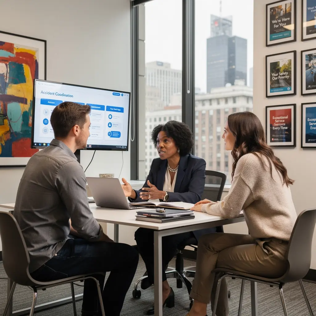 Сцена аварии, где механик оценивает повреждения автомобиля.